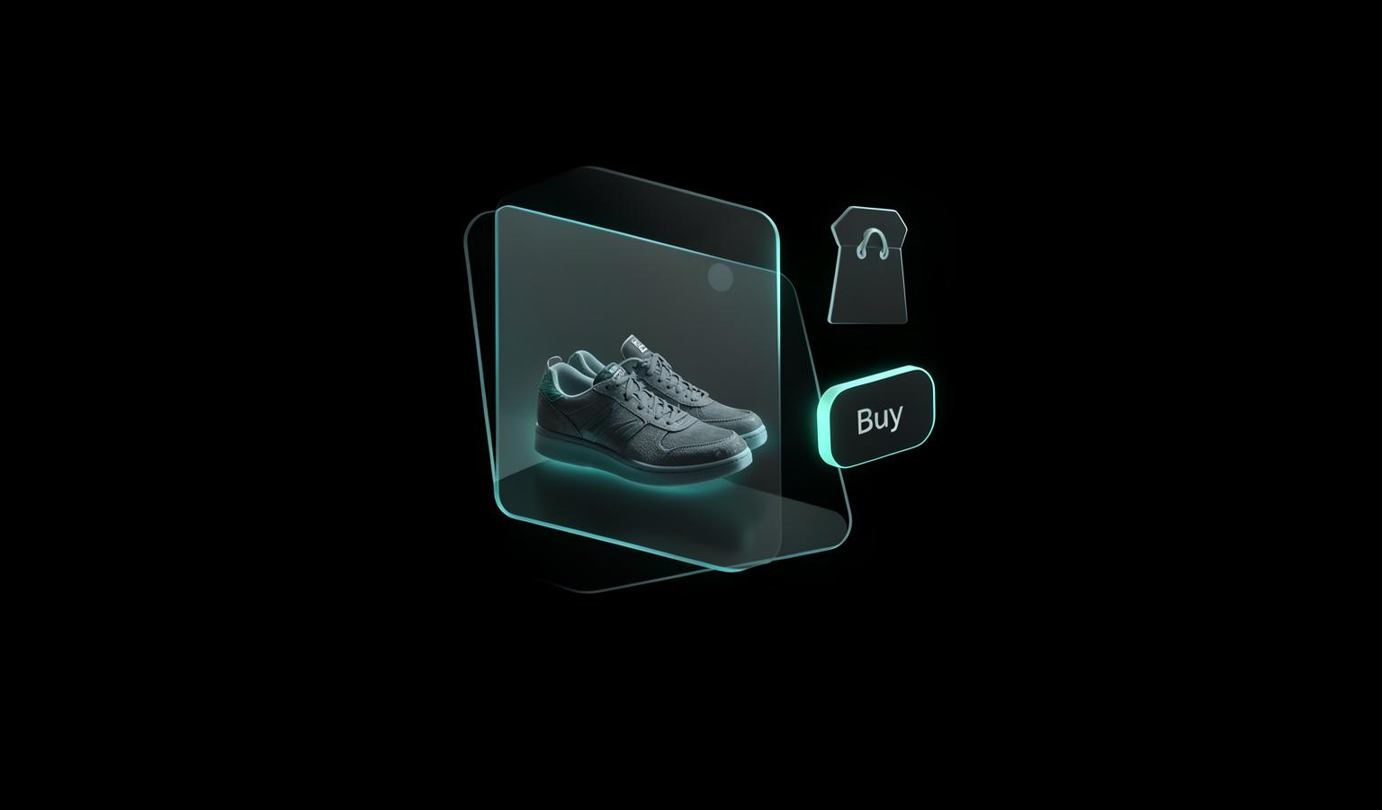 Floating product card with sneaker and buy button representing the online shop